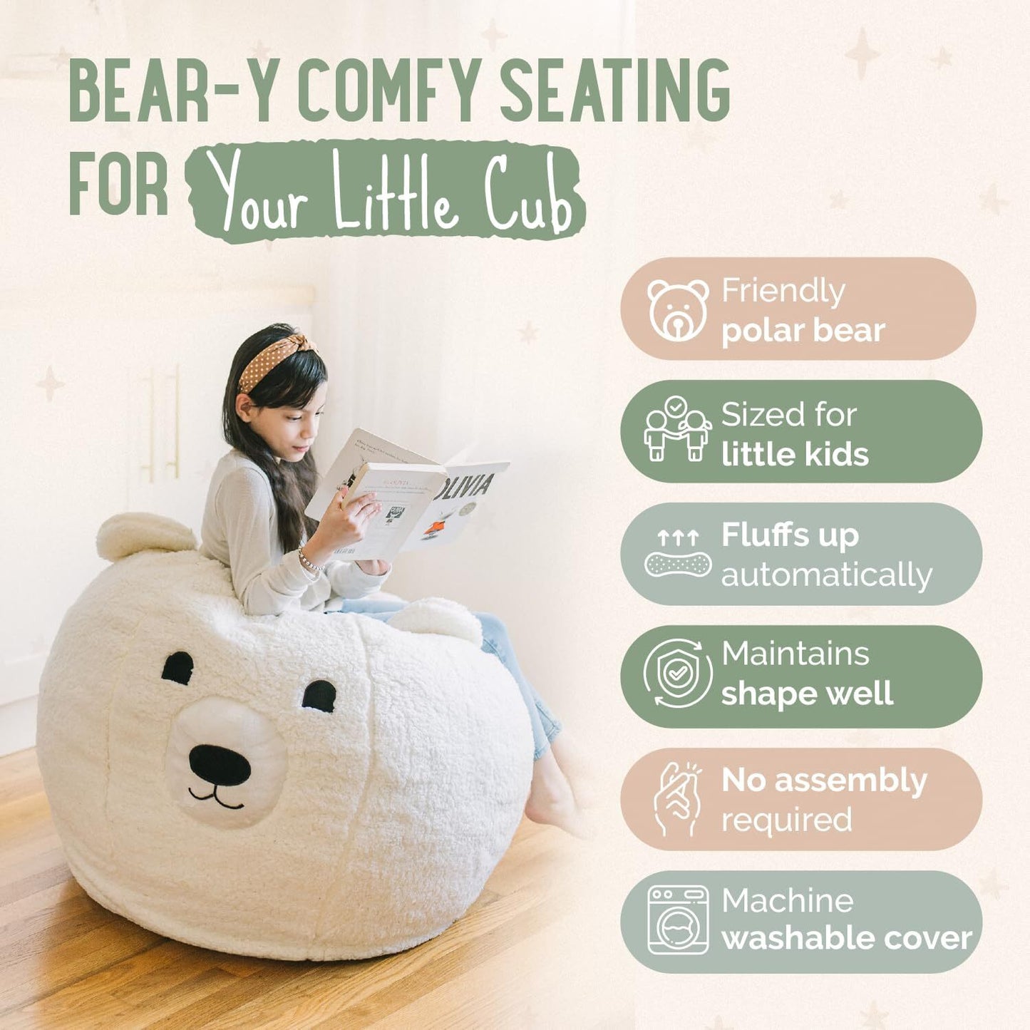 Kids Bean Bag Chair - Soft Sherpa and Memory Foam Stuffed Animal Beanbag Seat